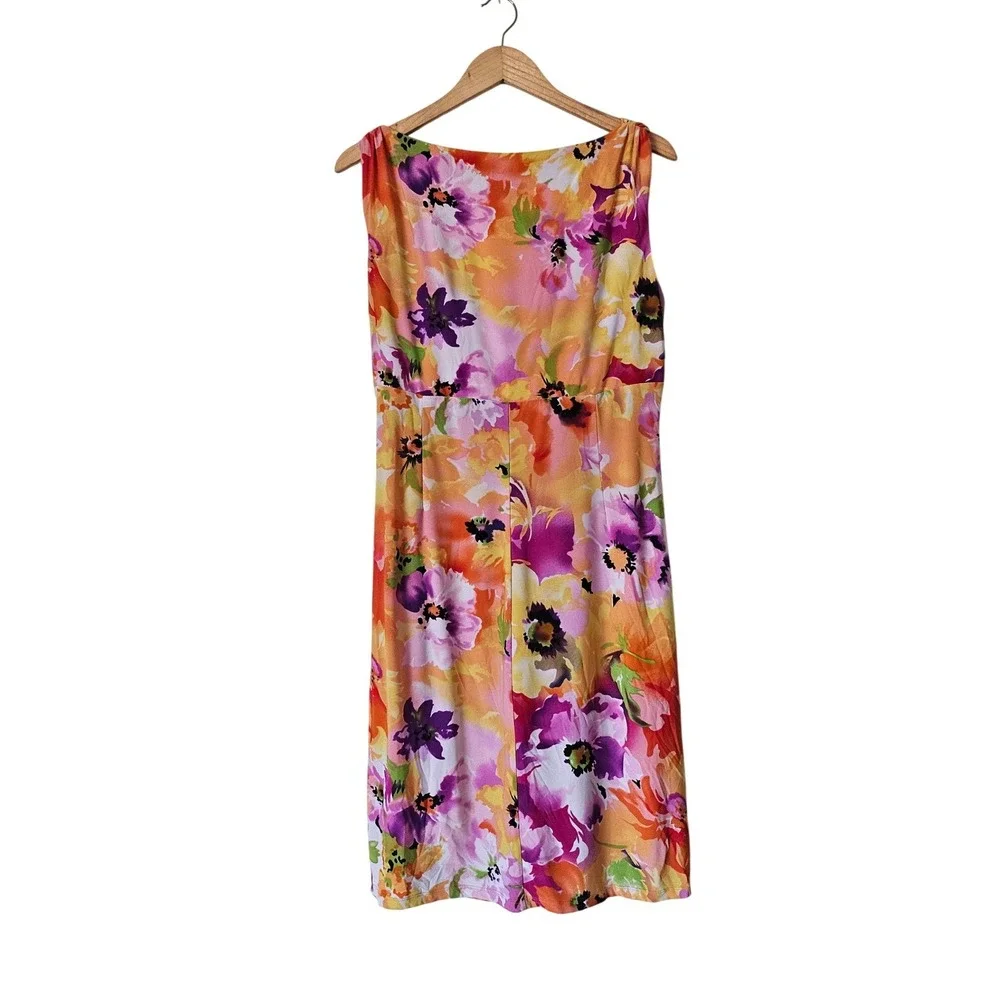 Ralph Lauren Floral Ruched Sheath‎ Dress Plus Size 16 V Neck Bold Tropical Print